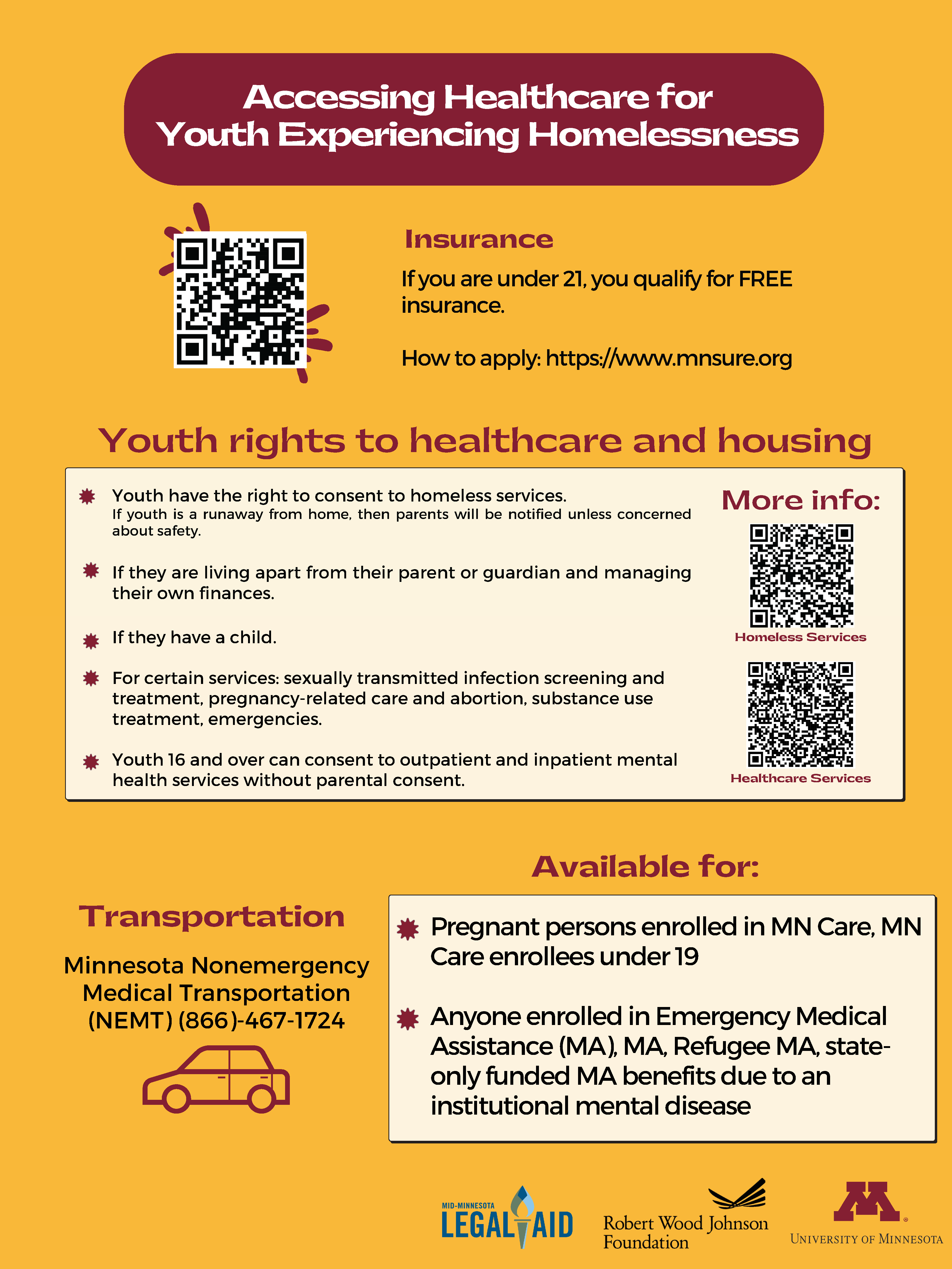 One page resource for accessing healthcare for unhoused youth.